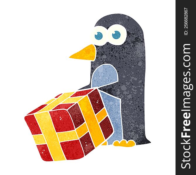 Retro Cartoon Penguin With Christmas Present