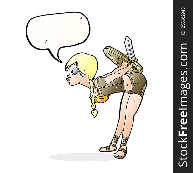 cartoon viking girl bowing with speech bubble