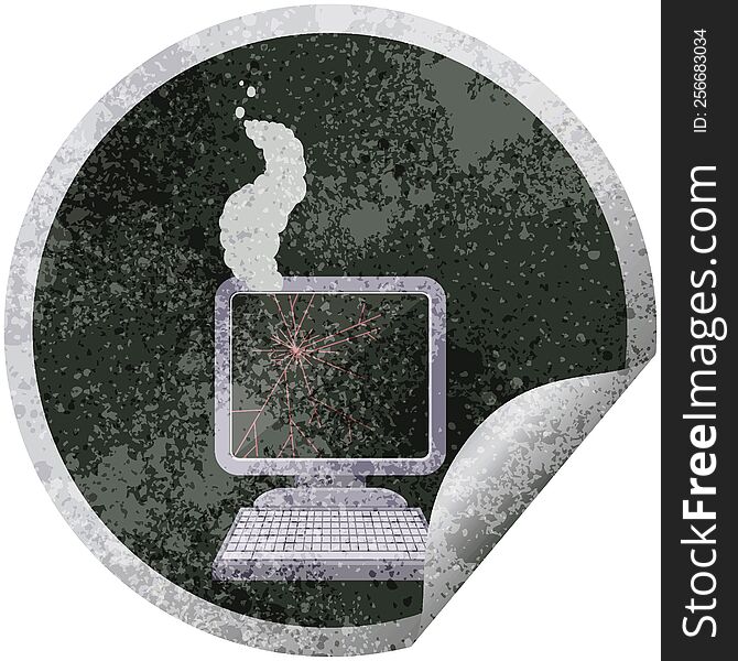 broken computer graphic vector illustration circular sticker. broken computer graphic vector illustration circular sticker