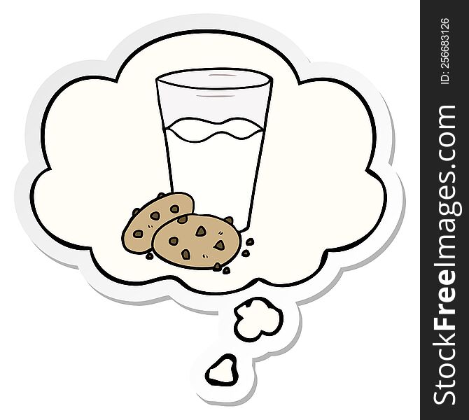 cartoon cookies and milk and thought bubble as a printed sticker