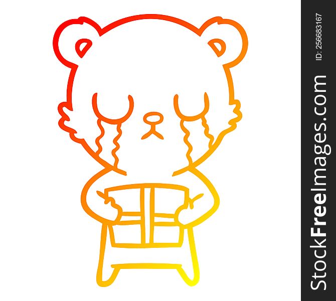warm gradient line drawing of a crying cartoon bear with present