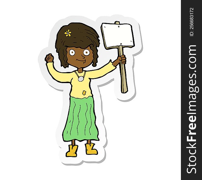 sticker of a cartoon hippie girl with protest sign