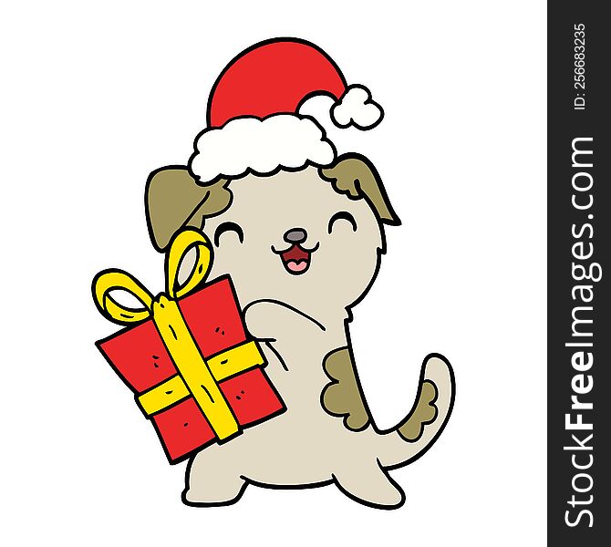 cute cartoon puppy with christmas present and hat