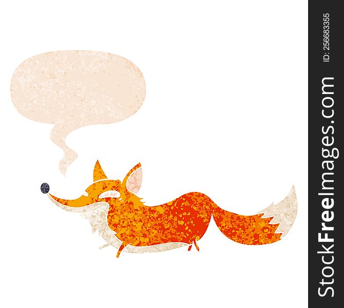 Cartoon Sly Fox And Speech Bubble In Retro Textured Style
