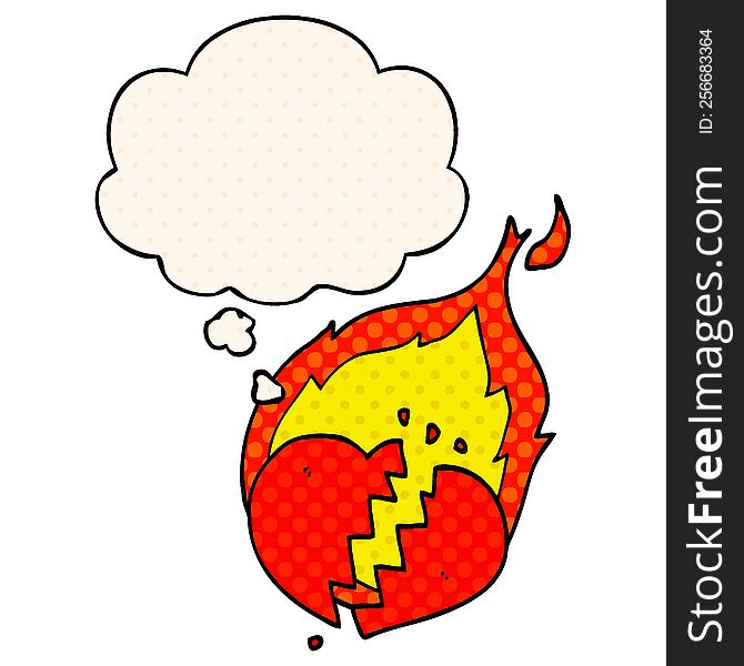 cartoon flaming heart with thought bubble in comic book style