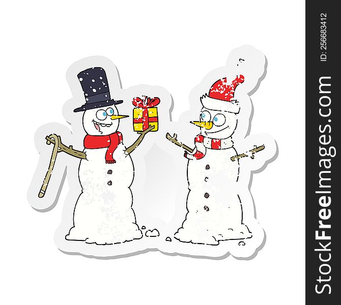 retro distressed sticker of a cartoon snowmen exchanging gifts