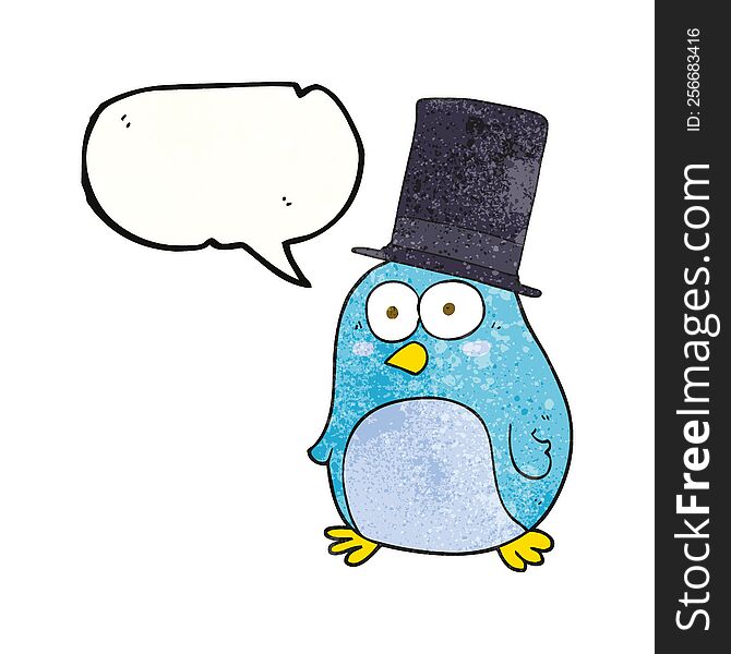 freehand speech bubble textured cartoon bird wearing top hat