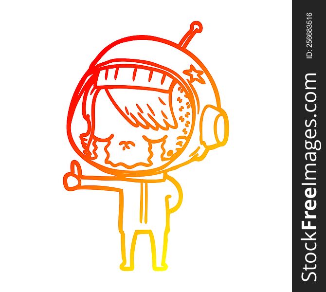Warm Gradient Line Drawing Cartoon Crying Astronaut Girl Making Thumbs Up Sign