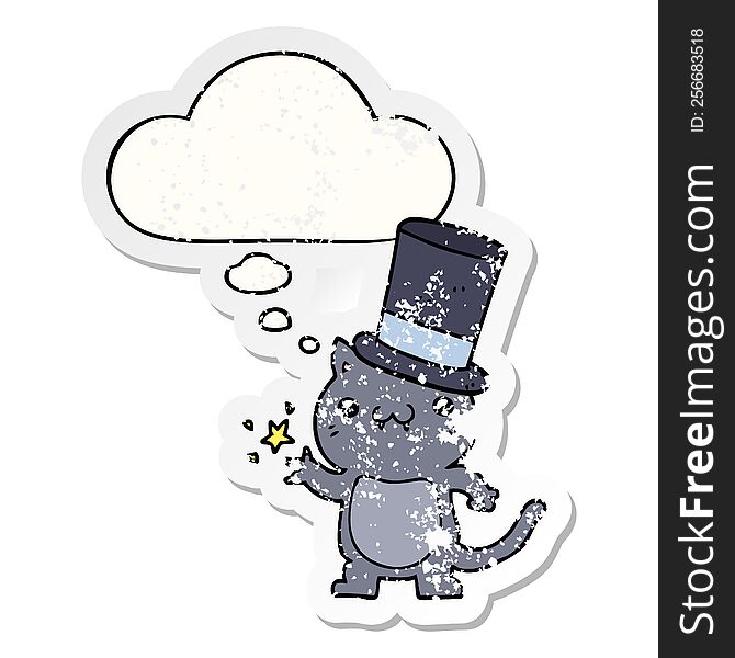 Cartoon Cat Wearing Top Hat And Thought Bubble As A Distressed Worn Sticker