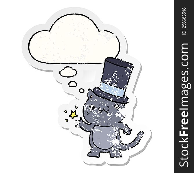 cartoon cat wearing top hat and thought bubble as a distressed worn sticker