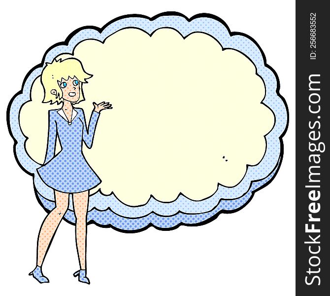 cartoon friendly woman standing in front of cloud with space for text. cartoon friendly woman standing in front of cloud with space for text