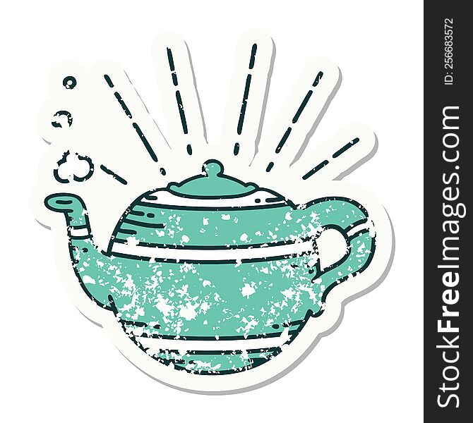 Grunge Sticker Of Tattoo Style Steaming Teapot