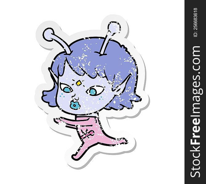 Distressed Sticker Of A Pretty Cartoon Alien Girl