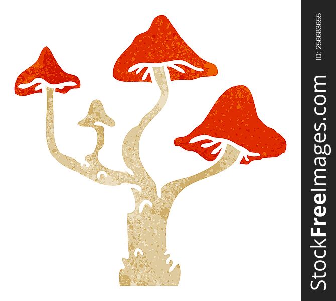 hand drawn retro cartoon doodle of growing mushrooms