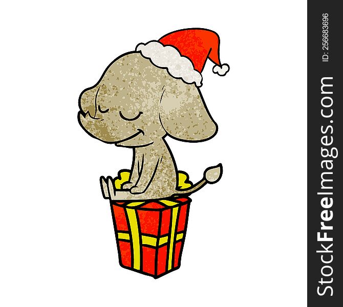 hand drawn textured cartoon of a smiling elephant wearing santa hat