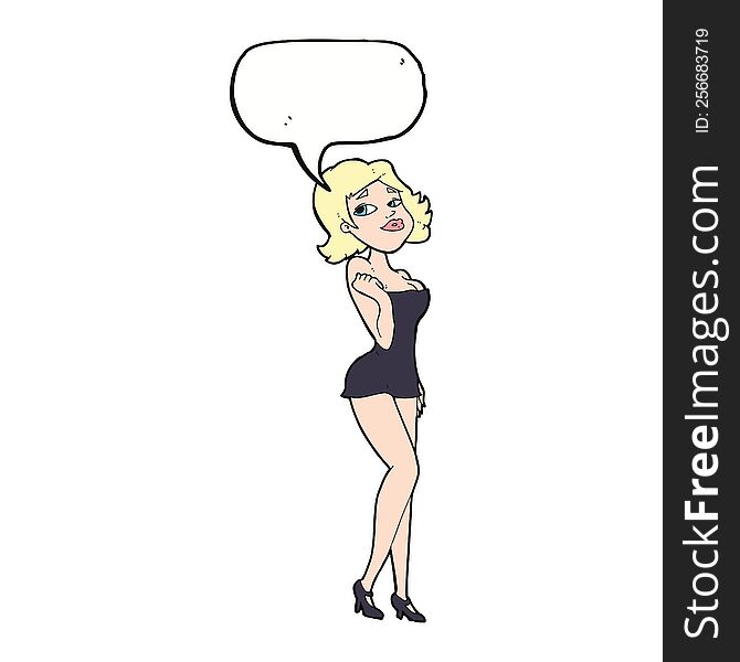 cartoon attractive woman in short dress with speech bubble