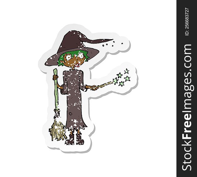 retro distressed sticker of a cartoon witch casting spell