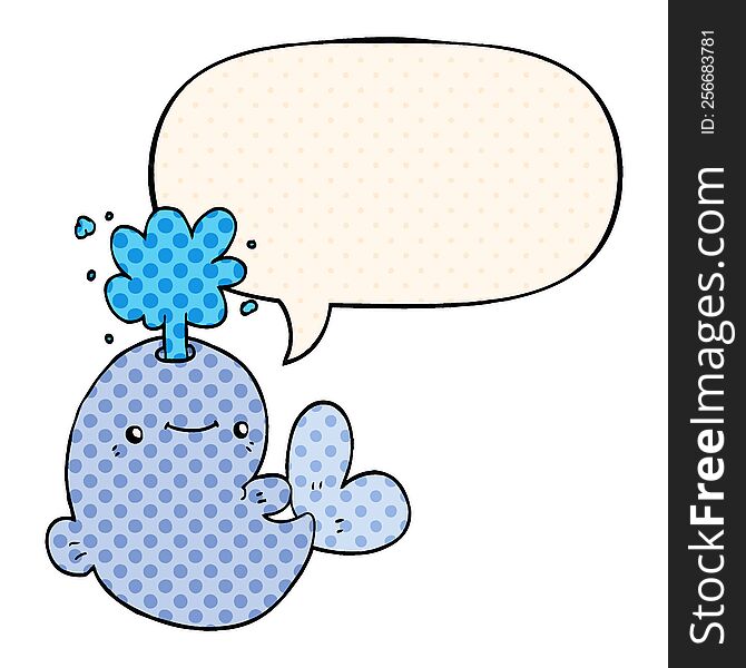 Cartoon Whale Spouting Water And Speech Bubble In Comic Book Style