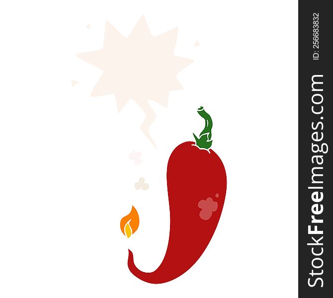 cartoon chili pepper with speech bubble in retro style