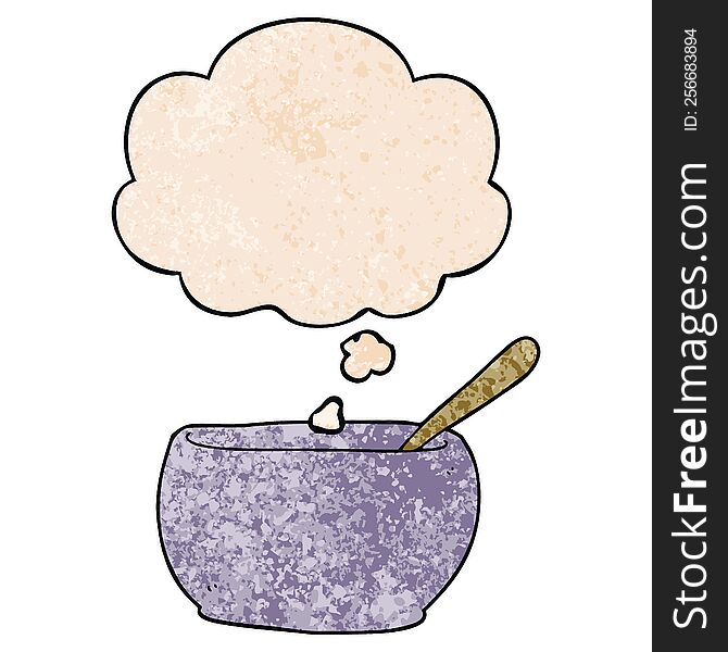 Cartoon Soup Bowl And Thought Bubble In Grunge Texture Pattern Style