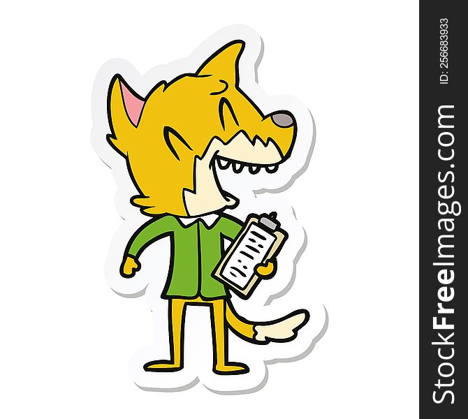 sticker of a laughing fox salesman