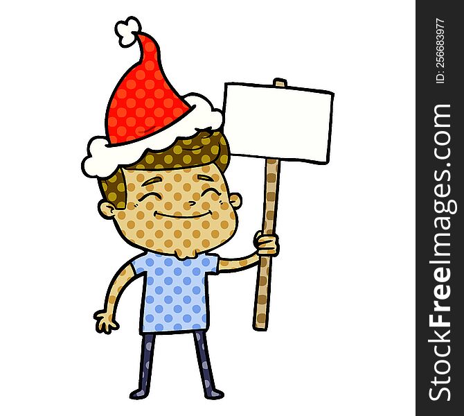 Happy Comic Book Style Illustration Of A Man With Placard Wearing Santa Hat