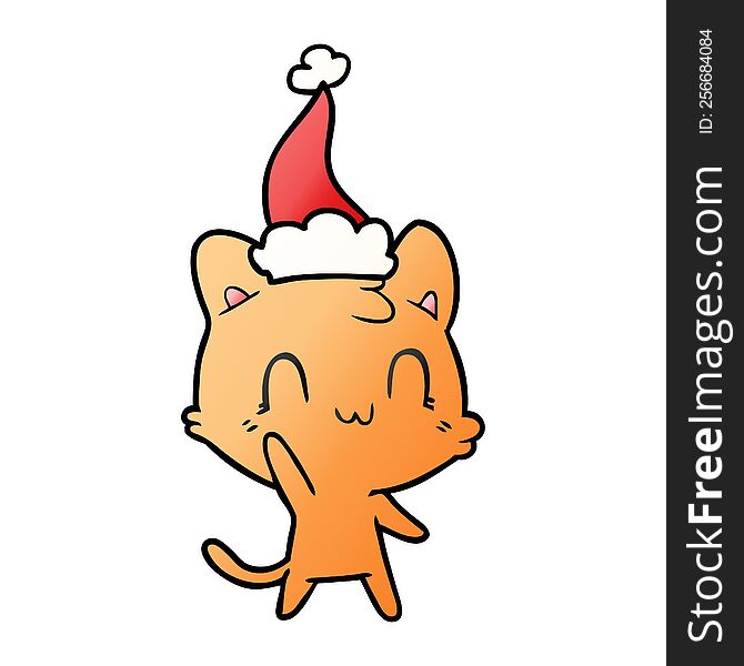 Gradient Cartoon Of A Happy Cat Wearing Santa Hat