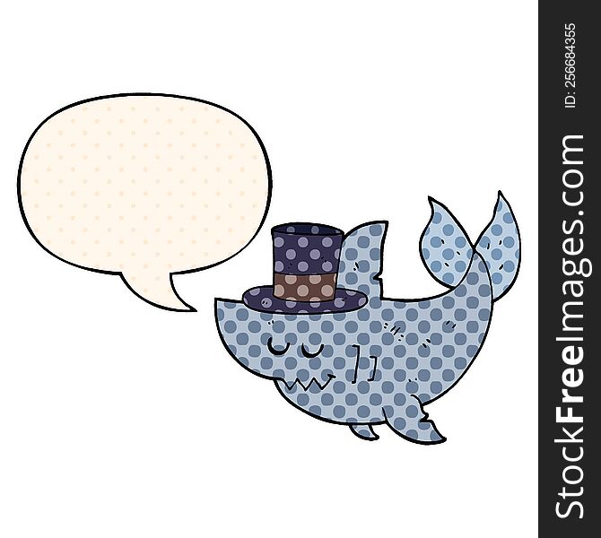 cartoon shark wearing top hat with speech bubble in comic book style