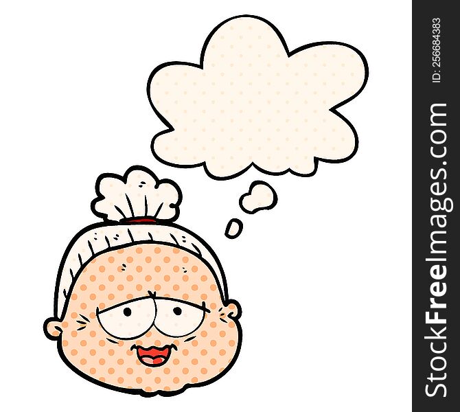 cartoon old lady with thought bubble in comic book style