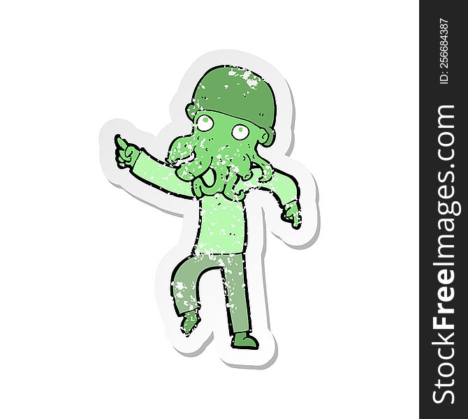 Retro Distressed Sticker Of A Cartoon Alien Man Dancing