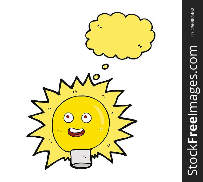 cartoon electric light bulb with thought bubble