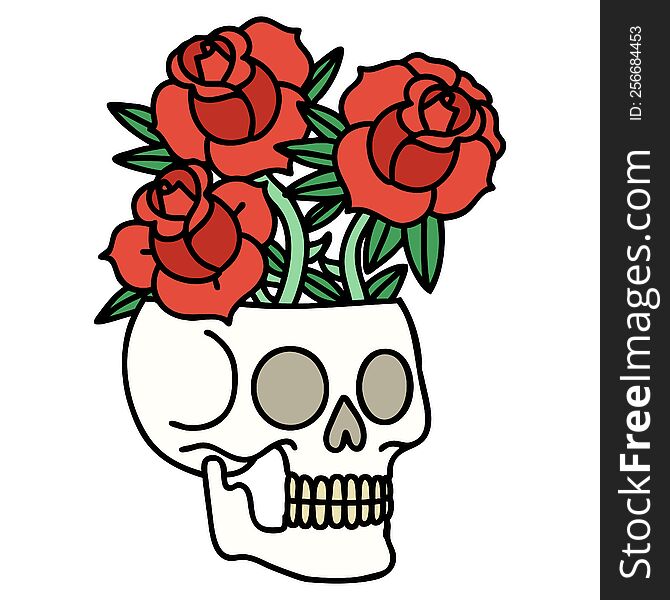 tattoo in traditional style of a skull and roses. tattoo in traditional style of a skull and roses