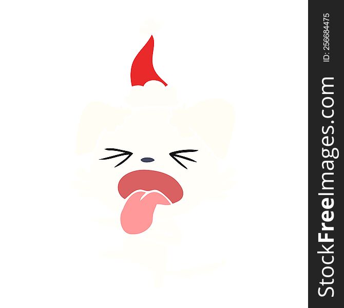 hand drawn flat color illustration of a disgusted dog wearing santa hat