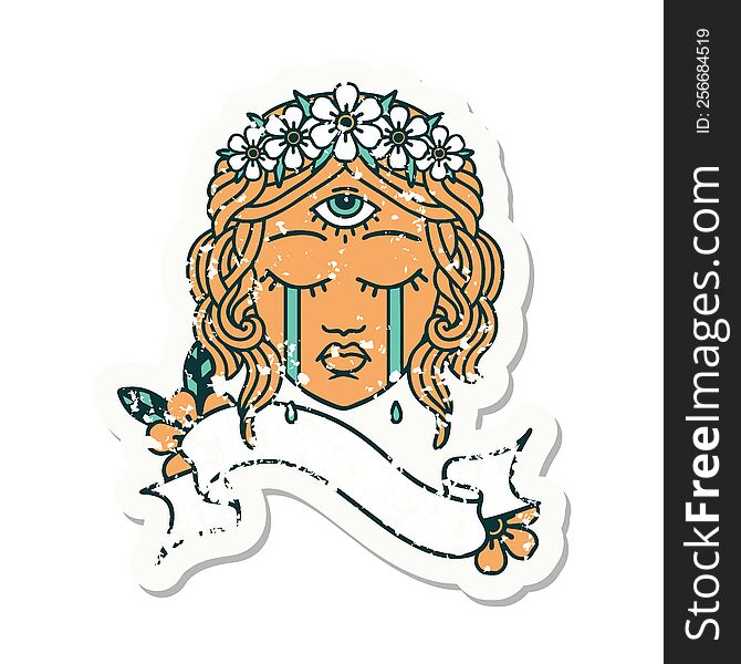 Grunge Sticker With Banner Of Female Face With Third Eye Crying