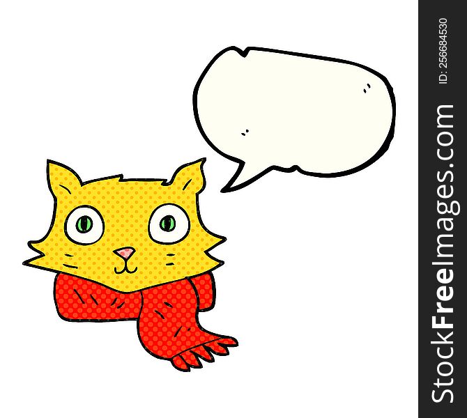 freehand drawn comic book speech bubble cartoon cat wearing scarf