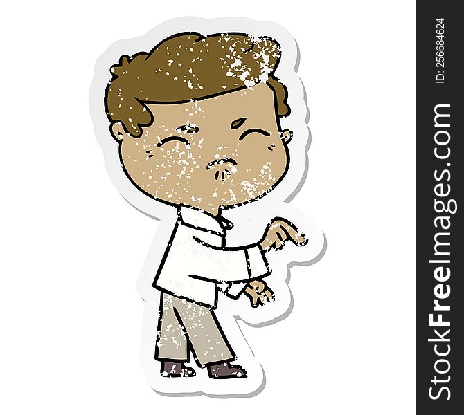 distressed sticker of a cartoon annoyed man pointing finger