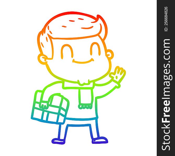 rainbow gradient line drawing of a cartoon friendly man with xmas gift