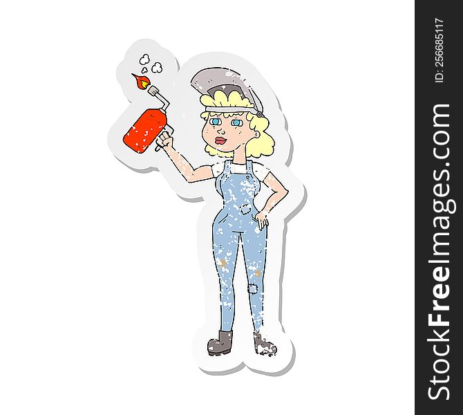 Retro Distressed Sticker Of A Cartoon Woman Welding