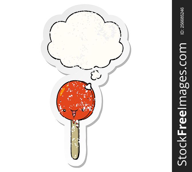 cartoon candy lollipop with thought bubble as a distressed worn sticker