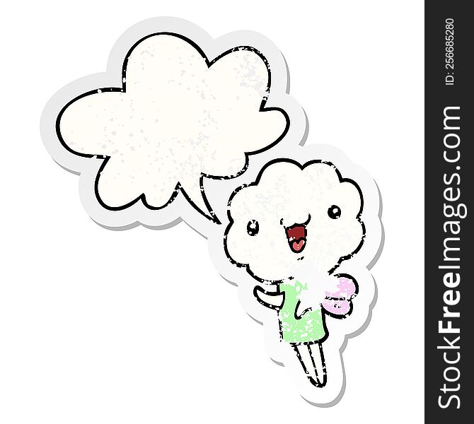 Cute Cartoon Cloud Head Creature And Speech Bubble Distressed Sticker