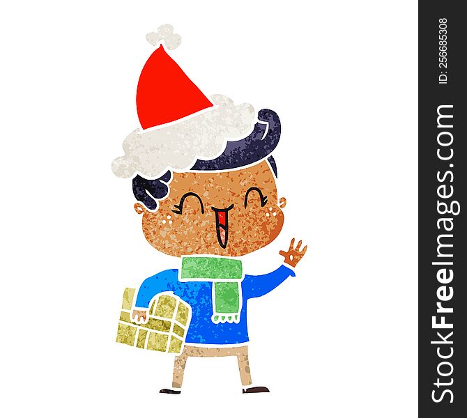 Retro Cartoon Of A Laughing Boy Wearing Santa Hat