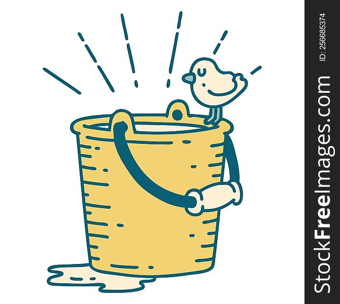 illustration of a traditional tattoo style bird perched on bucket of water