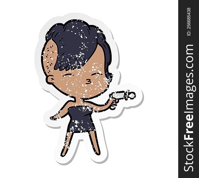 distressed sticker of a cartoon squinting girl pointing ray gun