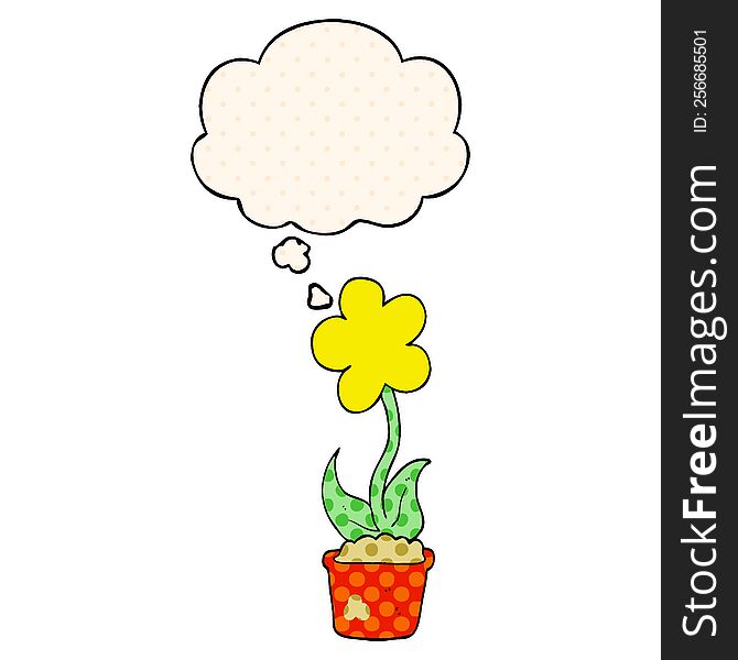 Cute Cartoon Flower And Thought Bubble In Comic Book Style
