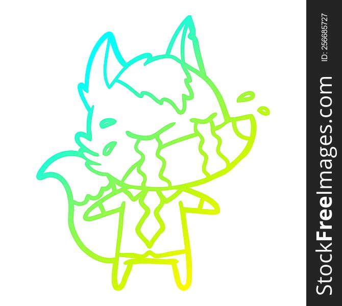 cold gradient line drawing of a cartoon crying wolf wearing work clothes