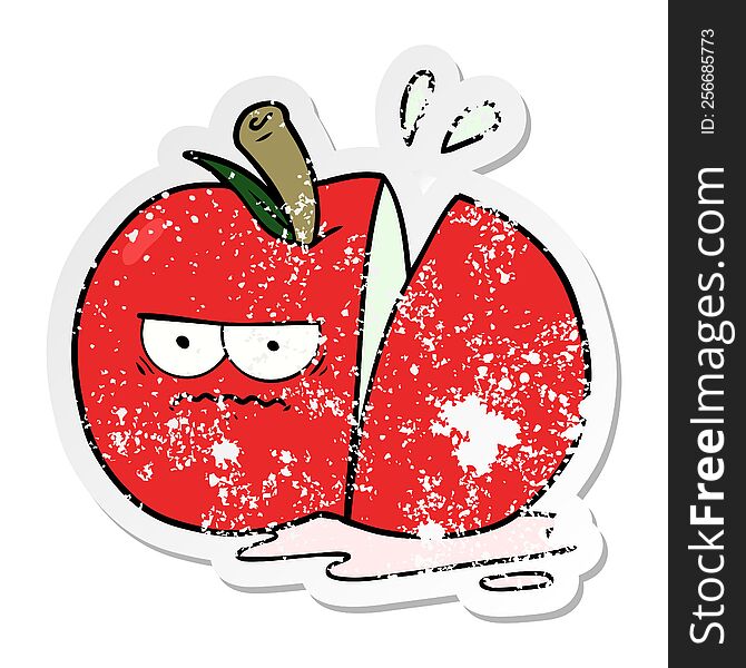 distressed sticker of a cartoon angry sliced apple