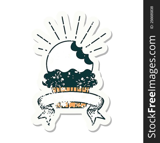 Grunge Sticker Of Tattoo Style Cupcake With Missing Bite