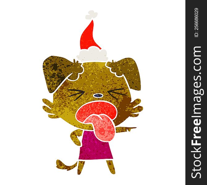 hand drawn retro cartoon of a disgusted dog wearing santa hat