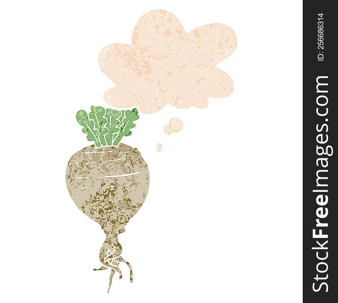 cartoon root vegetable with thought bubble in grunge distressed retro textured style. cartoon root vegetable with thought bubble in grunge distressed retro textured style