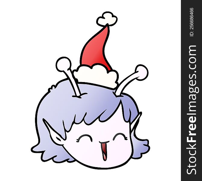 hand drawn gradient cartoon of a alien space girl face wearing santa hat